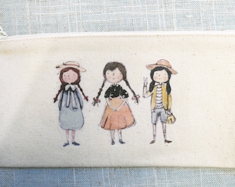 Watercolor illustration canvas pencil pouch - three girls