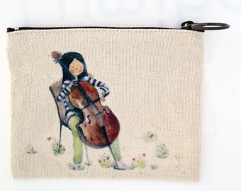 Aquarell und Tusche Illustration gedruckt kleine Leinwand Tasche - Mädchen spielt cello