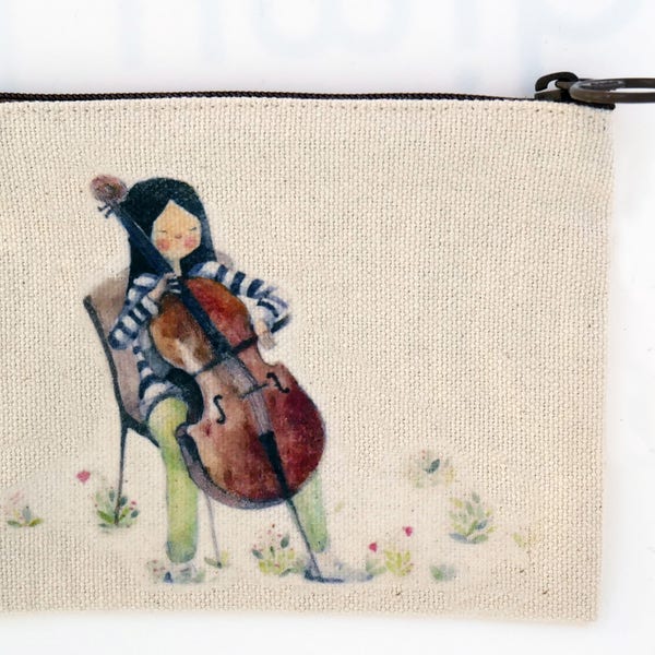 Watercolor & ink  illustration printed small canvas pouch - girl playing cello