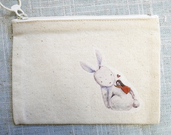 Watercolor & ink  illustration printed small canvas pouch - girl and rabbit