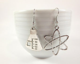 Silver Dangle Atom Beaker Earrings Science Jewelry Chemistry Science Earrings for Women Science Gift for Physicist Drop Mismatch Earrings