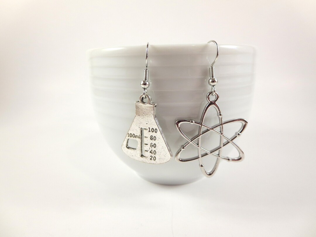 Silver Dangle Atom Beaker Earrings Science Jewelry Chemistry Science