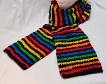Rainbow and Black Striped Knit Scarf