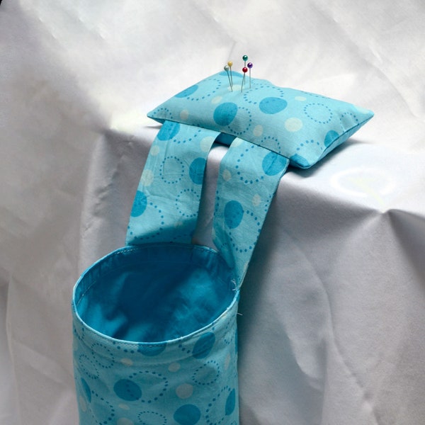 Light Blue Modern Dots Pincushion with Thread Catcher, Scrap Caddy