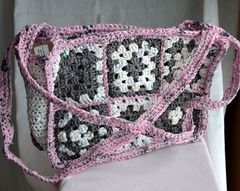 Gray and White Grannie Square PLARN Bag / Purse