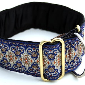 Luxe Windhond Single Loop Kraag!  'PERSIANA' Blauw met zilveren en oranje detail!  Grote rassen... Greyhound, Lurcher, Borzoi, Saluki, Galgo,