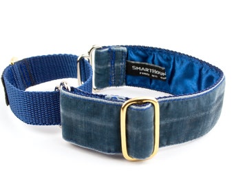 Blue Velvet Martingale Collar |  1.5 inch | Satin Lined Option | Greyhound | Whippet |