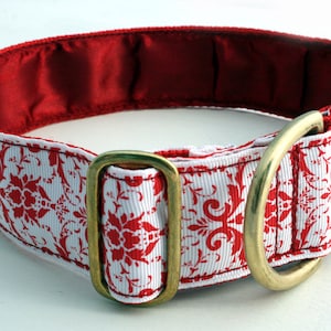 Luxury 1.5 inch wide Dog Collar.. 'DAMASK' Red and White. Sighthound. Galgo. Greyhound. Whippet. Lurcher. Saluki Poodle. Great Dane. etc., image 1