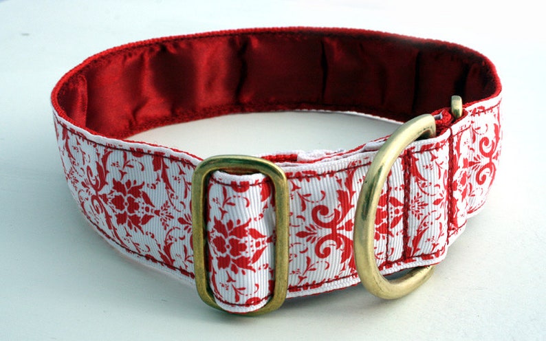Luxury 1.5 inch wide Dog Collar.. 'DAMASK' Red and White. Sighthound. Galgo. Greyhound. Whippet. Lurcher. Saluki Poodle. Great Dane. etc., image 1
