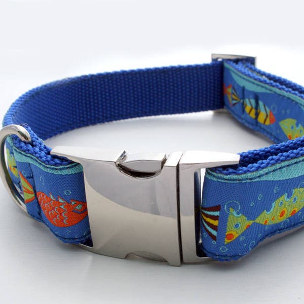 Luxury 1 " Tag Collar. Designer trim ' Blue Sea Fishes'... side release ALL DOGS Greyhound Whippet Saluki Lurcher Galgo Spaniel Your dog!
