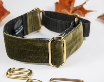 MOSS GREEN Velvet Martingale Collar |  1.5 inch | Satin Lined Option | Greyhound | Whippet |