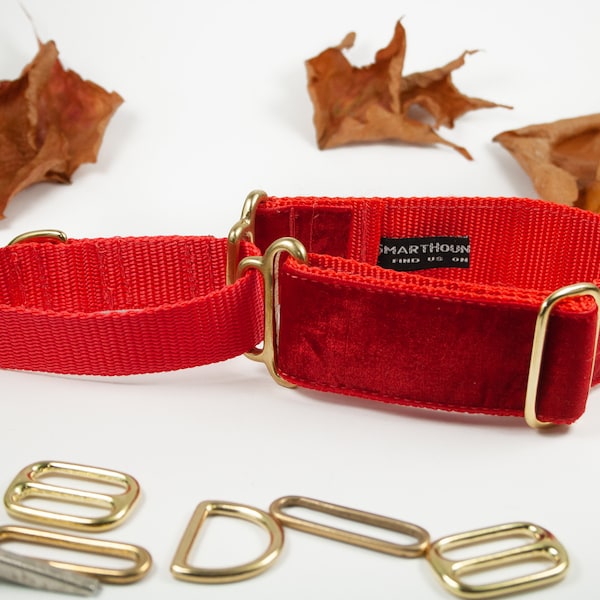 Bright RED Velvet Martingale Collar |  1.5 inch | Satin Lined Option | Greyhound | Whippet | Galgo | Lurcher | Saluki | Great Dane |All dogs