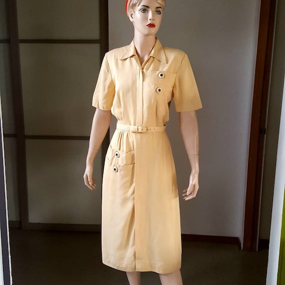 1940s vintage butter color gabardine button front… - image 1