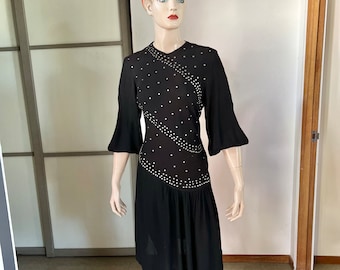 1940s vintage black crepe rayon dress with silver studs 28W