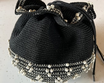 1950s vintage crocheted beaded drawstring purse