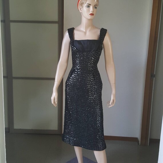 1950s Vintage Shelf Bust Black Sequins Wiggle Dres