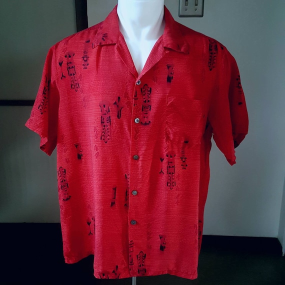 1950s Vintage Malihini Silk Tiki Print Hawaiian Al