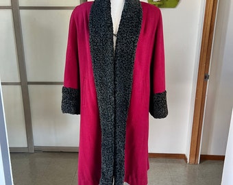 1940s vintage deep red swing coat with faux curly lamb trim