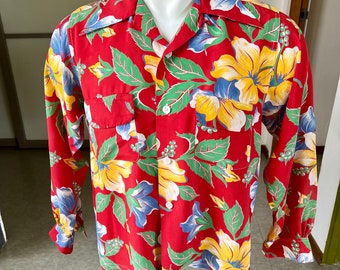 1940s vintage floral print red cold rayon long sleeve Hawaiian shirt by Random Wear S/M