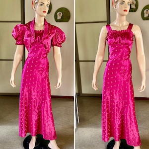 1930s vintage shocking pink bias cut gown dress with jacket S