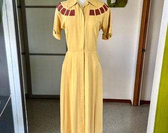 1940s vintage yellow gold gabardine dress with brown cage cut out bodice 28w