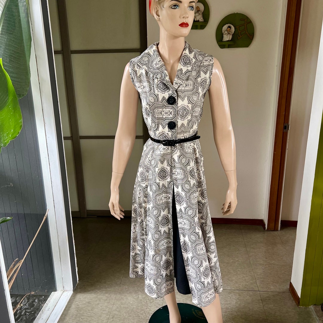 Vestido vintage de algodão dos anos 1960, sem mangas, painel
