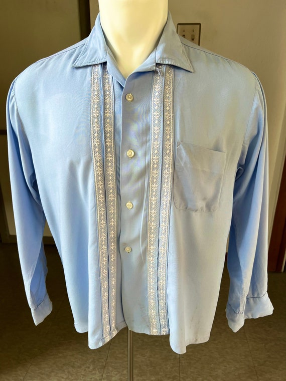 1950s vintage light blue Pilgrim soft rayon shirt… - image 1