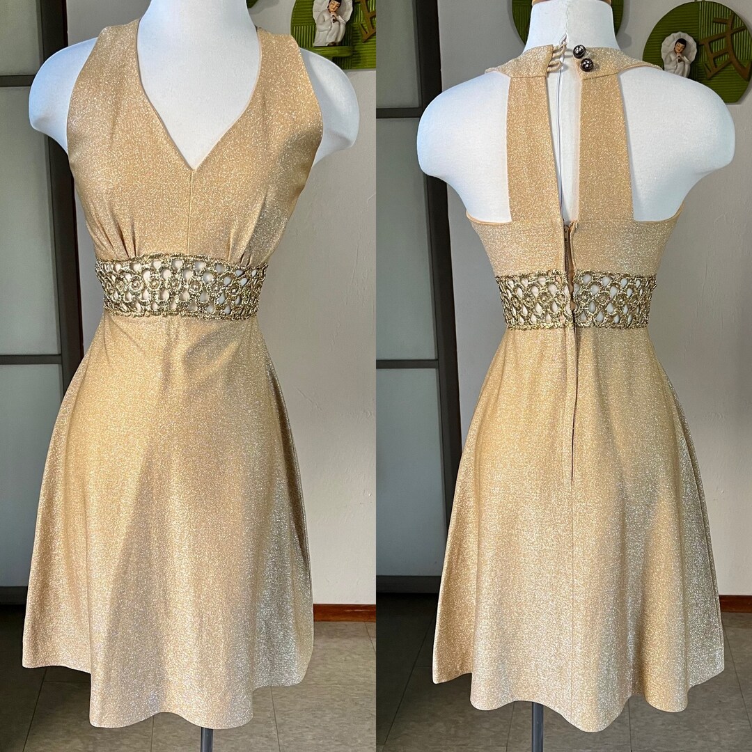 1960s Bronze Lurex Dress with Black Lace Overlay