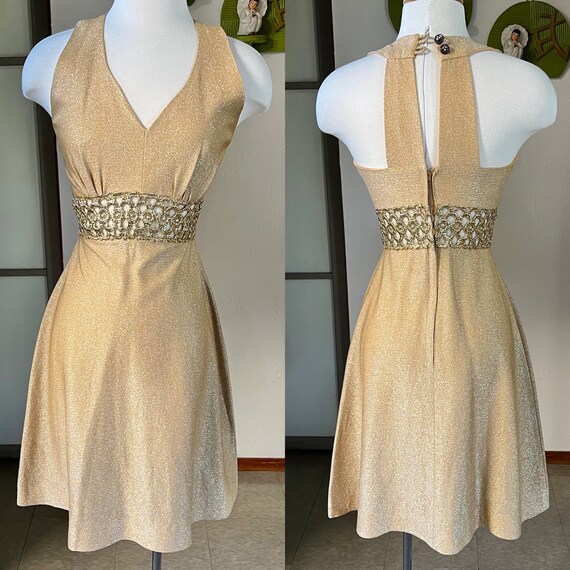 1960s Vintage Gold Lurex Dress with An Illusion Waist 26W 1960s Vintage Gold Lurex Dress with An Illusion Waist 26W