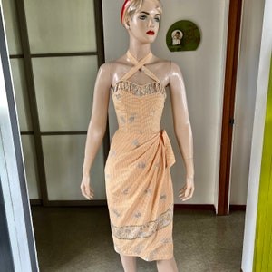 1950s vintage orange gingham Hawaiian sarong dress by Sun Fashions XS