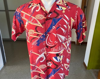 1950s vintage Pilgrim outrigger Waikiki print cold rayon Hawaiian shirt S