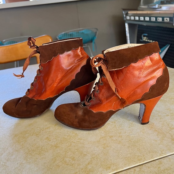 1930s vintage suede and leather scalloped booties 