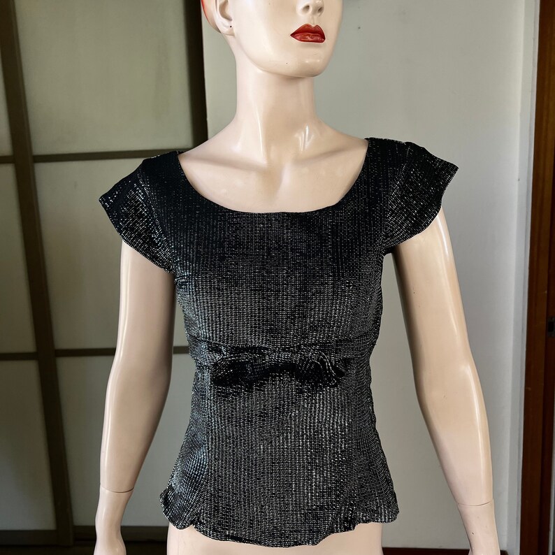 1950s vintage chromspun black and silver lurex blouse with bow S image 1