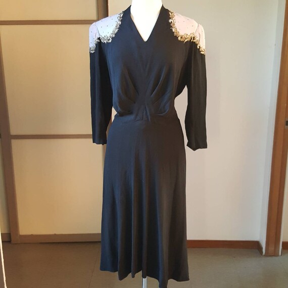 1940s Vintage Black Rayon Crepe Dress With Ornate