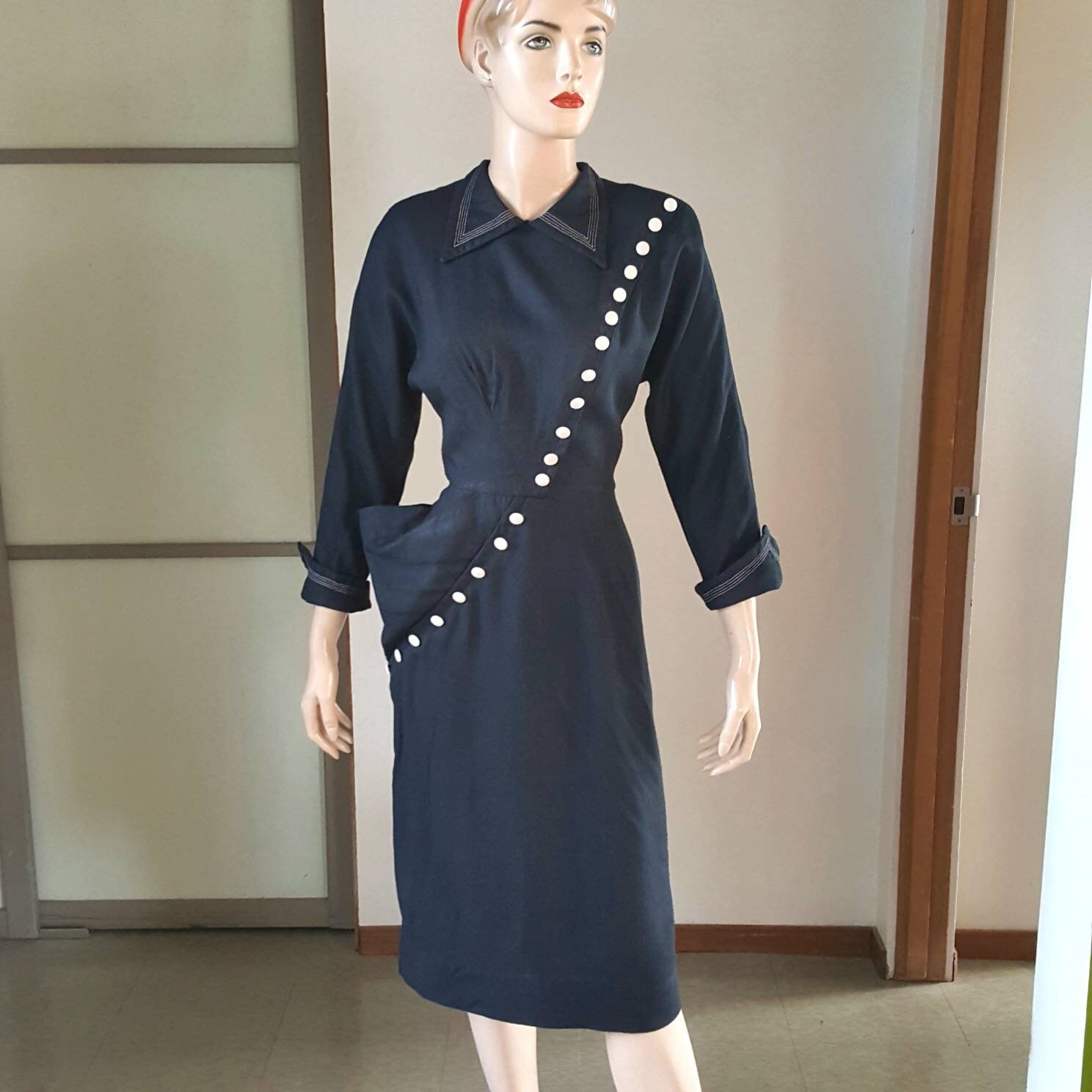 1940s Vintage Long Sleeve Rayon Dress 
