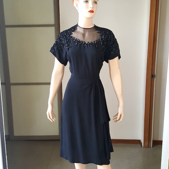 1940s Vintage crepe rayon dress with sequins embe… - image 2