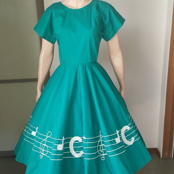 1950s Vintage Music Note Novelty Print Dress S
