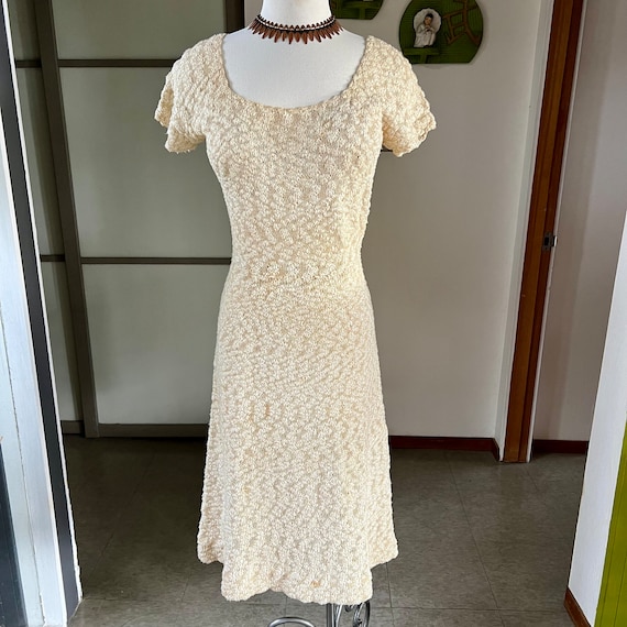 1950s vintage ivory and gold knit dress M - image 1