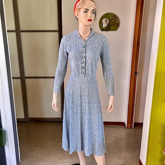 1940s vintage blue flecked wool boucle knit sweater dress 26-30w