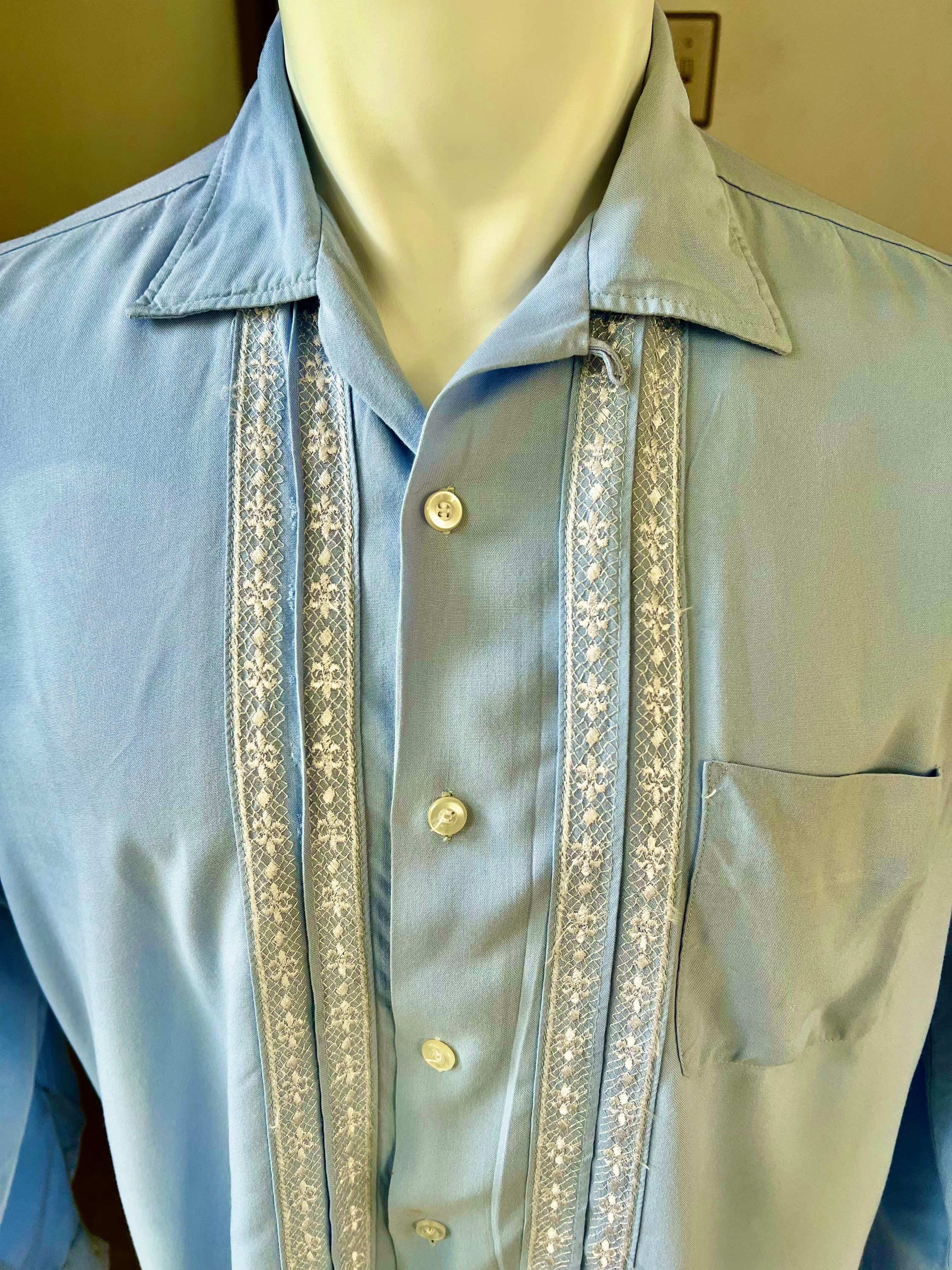 1950s Vintage Light Blue Pilgrim Soft Rayon Shirt With Lace 1950s Vintage Light Blue Pilgrim Soft Rayon Shirt With Lace