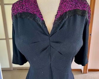 1940s vintage Volup crepe rayon dress with heavily beaded bodice 34-35w