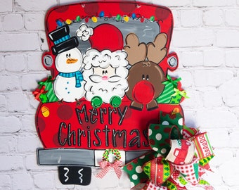 Christmas door hanger, vintage truck door hanger, wooden door hanger, Santa door hanger, snowman door hanger, Christmas truck, reindeer door
