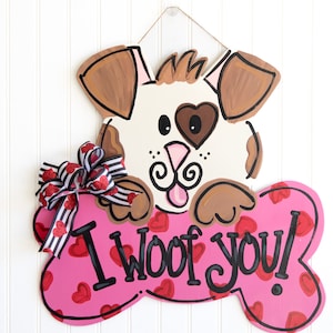 Heart door hanger, puppy love door hanger, valentine's day door hanger, wooden door hanger, valentine wreath, dog valentine door hanger