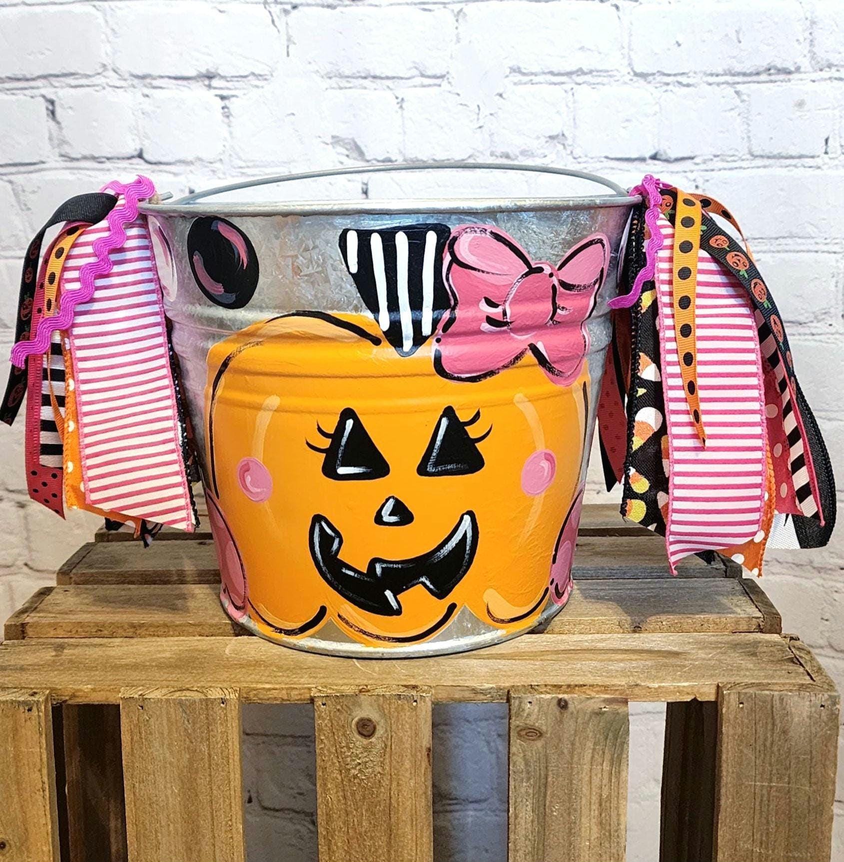 Personalized Trick or Treat metal bucket, trick-or-treat bucket, hand-painted pail, custom metal pail, Halloween candy bag with child's name