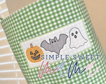 Pumpkin bat Ghost Trick-or-Treat Bag, Personalized Halloween Bucket, Green Gingham Candy Bucket