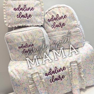 Girls Floral Travel Set - Personalized Ruffle Luggage for Toddlers & Kids - Wipeable Nylon Backpack
