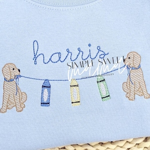 Pups Holding Crayons Banner Monogram Embroidery T-shirt/Bubble/Romper