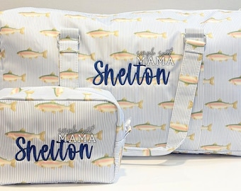 Personalized Kids Luggage | Fish Print Overnight Duffle | Wipeable Bag for Toddler | Embroidered Weekend Bag
