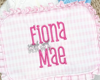 Personalized Pink Gingham Everything Bag | Embroidered Ruffle Pouch | Wipeable Nylon Diaper Toiletry Bag