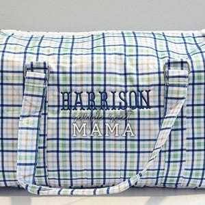 Wipeable Overnight Bag for Boys - Personalized Plaid Duffle - Navy & Green Trave Bag